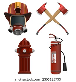 Rescue firefighters equipment SET in realistic style. Detailed colorful vector illustration on a white background.