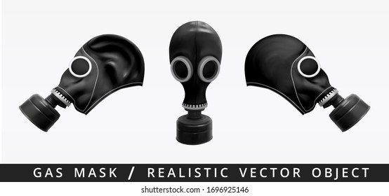 Rescue Gas Mask. Personal protective equipment against viral, infectious, toxic substances and technogenic, chemical, bacteriological catastrophe, emergency. Realistic 3d vector object in 3 views