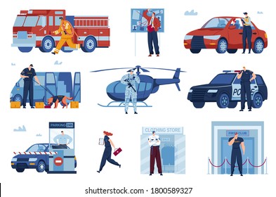 Rescue guards work vector illustration set. Cartoon flat police officer or detective characters working, army soldiers, bodyguards or fireman save life, security rescuer workers isolated on white
