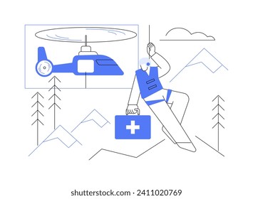 Rescue helicopter abstract concept vector illustration. Rescuers rappel from helicopter, emergency help, airway transportation, commercial air transport, aviation industry abstract metaphor.