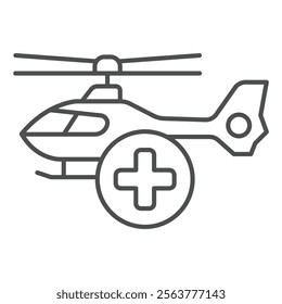 Rescue helicopter and cross bubble thin line icon, emergency service concept. Vector graphics. Flight vehicle human rescuer sign on white background, outline style icon for mobile or web design