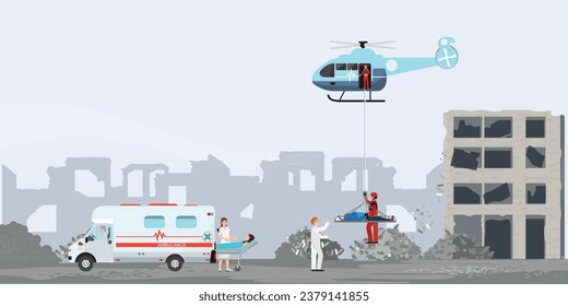 Helicóptero de rescate y gente de emergencia rescatada de desastres naturales. Víctimas del cataclismo natural. El equipo de primeros auxilios ayuda a evacuar a los ciudadanos, ilustración vectorial.