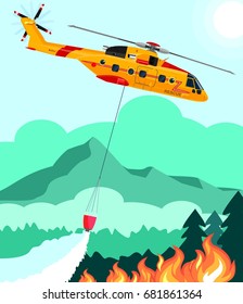 Rescue helicopter extinguishes the fire forest with water bucket vector illustration