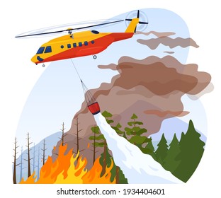 A rescue helicopter extinguishes a forest fire. Protection of the population from natural disasters. Vector illustration.