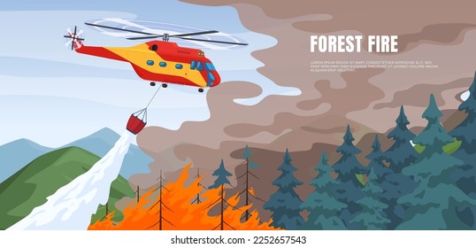 A rescue helicopter extinguishes a forest fire. Remote extinguishing of fires in mountainous areas. Combating natural disasters. Vector illustration