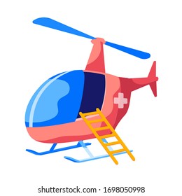 Rescue Helicopter Flying Ambulance with Cross on Red Fuselage and Ladder Isolated on White Background. Paramedic Aviation Transport, Air Vehicle for Patient Transportation. Cartoon Vector Illustration