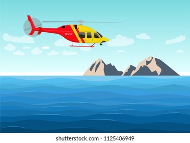 A rescue helicopter is flying over the sea. Vector illustration