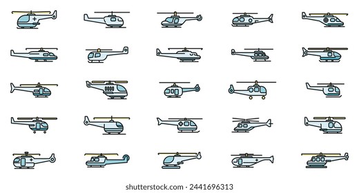 Rescue helicopter icons set outline vector. Air engine. Fast force thin line color flat isolated