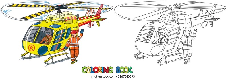 Rescue helicopter and a lifeguard waving his hand. Coloring book. Children vector black and white illustration