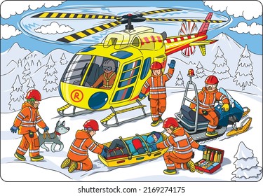 Rettungshubschrauber. Rettungsschwimmer oder Rettungsschwimmer leisten Erste Hilfe bei der Bergrettung in Schlitten und evakuieren das Opfer. Rettungseinheit. Kinder, Vektorgrafik, Schwarz-Weiß