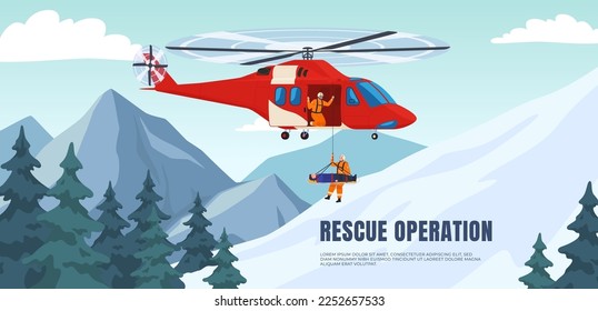 Rettungshubschrauber in den Bergen mit einer Gruppe von Rettungspersonal. Rettung und Suche nach Opfern in schneebedeckten Berggebieten. Vektorgrafik