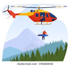 Rescue helicopter. Rescuers rescue a man in the mountains. Vector illustration.