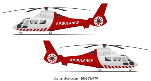 Rescue helicopter side view on a isolated white background. Red medical evacuation helicopter. Ambulance helicopter. Healthcare, hospital and medical diagnostics.