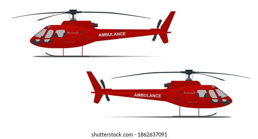 Rescue helicopter side view on a isolated white background. Red medical evacuation helicopter. Ambulance helicopter. Healthcare, hospital and medical diagnostics.