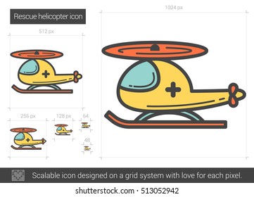 Rettungshubschrauber, Vektorsymbol einzeln auf weißem Hintergrund. Helikopterliniensymbol für Infografik, Website oder App. Skalierbares Symbol, das auf einem Gittersystem entworfen wurde.
