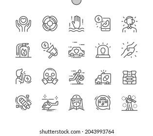 Rescue. Helping hand. Lifeguard, police, firefighter and ambulance. Rescue helicopter. Medicine chest. Pixel Perfect Vector Thin Line Icons. Simple Minimal Pictogram