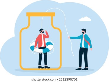 Rescue, holding a ladder into the glass bottle to help the businessman climb out of the bottle

