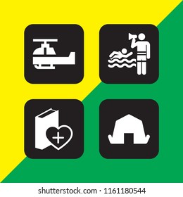 rescue icon. 4 rescue set with red cross, shelter, life guard and military helicopter vector icons for web and mobile app