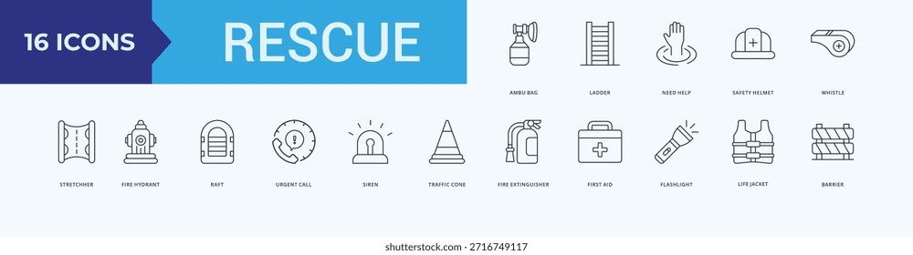 Rescue Icon Pack Illustration Vector with ambu bag, ladder, need, help, safety, helmet, whistle, stretchher, fire, hydrant