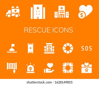 rescue icon set. 14 filled rescue icons.  Simple modern icons such as: Ambulance, Hospital, Charity, Hose, Buoy, Siren, Stretcher, Donation, Lifesaver, Lifebuoy, Sos