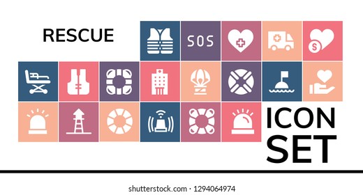  rescue icon set. 19 filled rescue icons. Simple modern icons about  - Lifejacket, Stretcher, Siren, Lifeguard, Lifebuoy, Lifesaver, Hospital, Humanitarian, Buoy, Donation, Sos