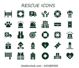 rescue icon set. 30 filled rescue icons.  Collection Of - Hose, Lifesaver, Ambulance, Donation, Lifebuoy, Humanitarian, Pawprints, Siren, Hospital, Float, Stretcher, Lifejacket
