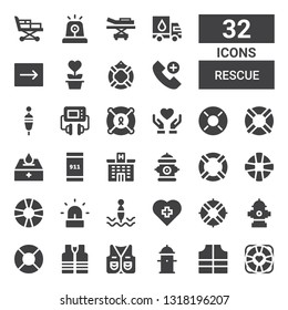 rescue icon set. Collection of 32 filled rescue icons included Lifebuoy, Lifejacket, Hydrant, Vest, Lifesaver, Lifeguard, Hospital, Buoy, Siren, Emergency call, Donation, Donate