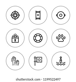 Rescue icon set. collection of 9 outline rescue icons with buoy, charity, float, donation, hospital, lifebuoy, lifesaver, pawprints icons. editable icons.