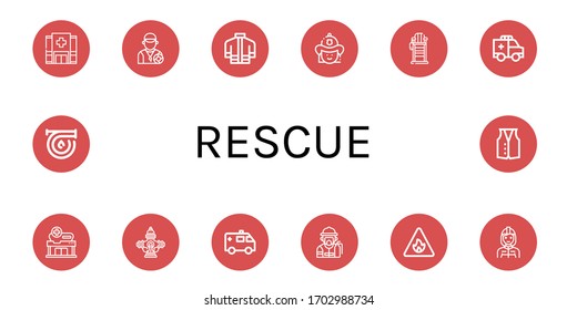 Rescue Icon Set. Collection Of Hospital, Lifeguard, Firefighter Uniform, Firefighter, Lifeguard Chair, Ambulance, Hydrant, Fireman, Fire Sign, Hose, Vest Icons