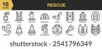 Rescue icon set. Includes ambu bag ,barrier, fire hydrant, first aid, flashlight, ladder, and More. Outline icons vector collection.