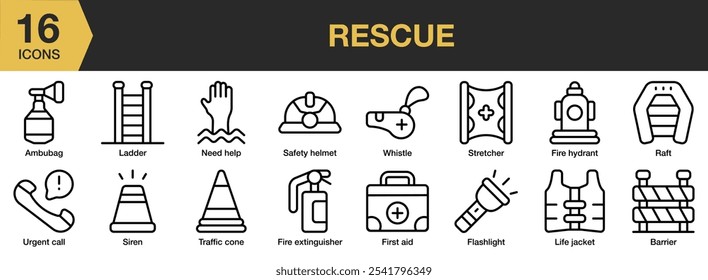 Conjunto de iconos de rescate. Incluye bolsa de ambú, barrera, boca de incendios, primeros auxilios, linterna, escalera y más. Colección de Vector de iconos de contorno.