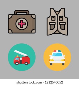 rescue icon set. vector set about police car, vest, medical kit and fire truck icons set.