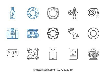 rescue icons set. Collection of rescue with hydrant, hospital, vest, lifesaver, sos, float, pawprints, lifebuoy, ambulance, hose, lifeguard. Editable and scalable rescue icons.