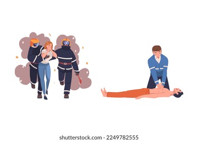 Rescue and Life Saving Emergency Operation with Firefighter Leading Woman from Smoke and Man Doing External Cardiac Massage Vector Set