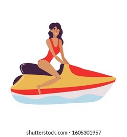 Rescue lifeguard girl in red swimsuit rides on a personal watercraft jet ski. Vector illustration in flat cartoon style.