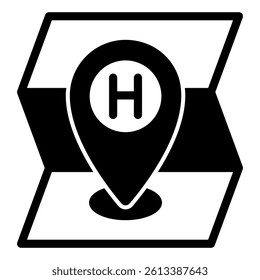 Rescue location pointer solid icon, emergency service concept. Vector graphics. Location pin on map, hospital sign on white background, glyph style mobile or design