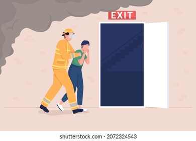 Rescue mission flat color vector illustration. Evacuating occupant. Fire safety. Emergency exit. Firefighter rescuing woman from burning building 2D cartoon characters with smoke on background