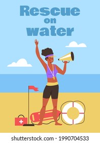 Rescue on water banner or poster design with female lifeguard holding megaphone, flat vector illustration. Beach rescue team or lifeguard services placard.