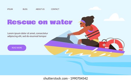 Rescue on water team web banner template with lifeguard hurrying on jet ski to save drowning person, flat vector illustration. Landing page or banner for rescue patrol.