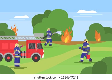 Operación de rescate del departamento de bomberos en el bosque, ilustración del vector de dibujos animados planos. Extinguiendo la pancarta de incendios con camión de bomberos, equipo de extinción de incendios y bomberos uniformados.