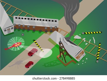 Rescue Operation in a Train Accident Wreckage concept. Editable EPS10 Illustration.