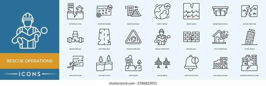 Rescue Operations icon set. Broken Pipeline, Utility Disruption, Rescue Operations, Disaster Area Sign and  Evacuation Plan