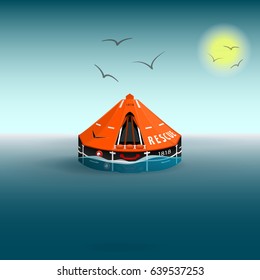 Rescue a orange raft on the sea. Gulls and the sun. Salvation on the water. Vector illustration