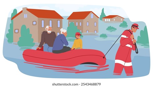 Rescue Personnel Guide Two Elderly Individuals And Kid To Safety In An Inflatable Boat Through Floodwaters Showcases The Importance Of Emergency Response, Community Care, And Support During Flooding