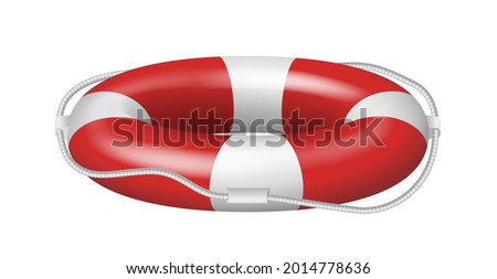 Rescue rubber lifebuoy side view template with red stripes and rope isolated on white background. Lifebelt ring for water rescue. Realistic 3d vector illustration