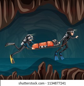 Rescue scene in undergound cave illustration