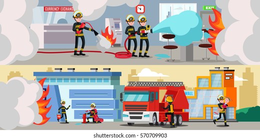 Rescue service colorful horizontal banners with firefighters extinguishing fire in bank office and building outside vector illustration