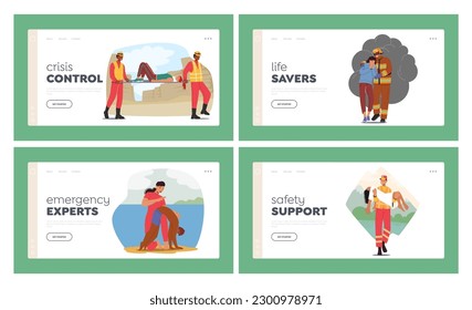 Rescue Service Landing Page Template Set. Emergency Response That Provides Aid And Assistance To People Who Are In Need Of Urgent Help Due To Disasters or Accidents. Cartoon Vector Illustration