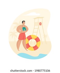 Rescue service on beach. Male character with binoculars and lifebuoy watches beach. Protection safety swimmers in sea and ocean. Trained lifeguard instructor. Vector flat illustration isolated