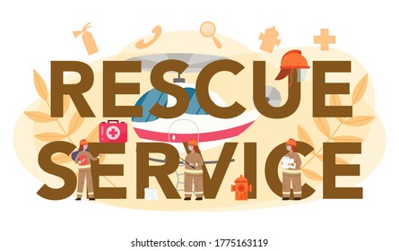 Concepto de encabezado tipográfico del servicio de rescate. Bombero o servicio 911 con uniforme y asistencia de primeros auxilios a la gente. Ayuda de ambulancia de urgencia. Ilustración vectorial plana aislada